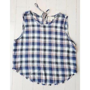 CLOTH & STONE Anthropologie PLAID Rayon FRAYED HEM Back Loop Tie Top (  M )